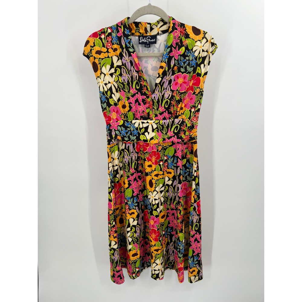 Lesley Evers Floral V-Neck Empire Waist Cap Sleeve Dress Multi-Color Small